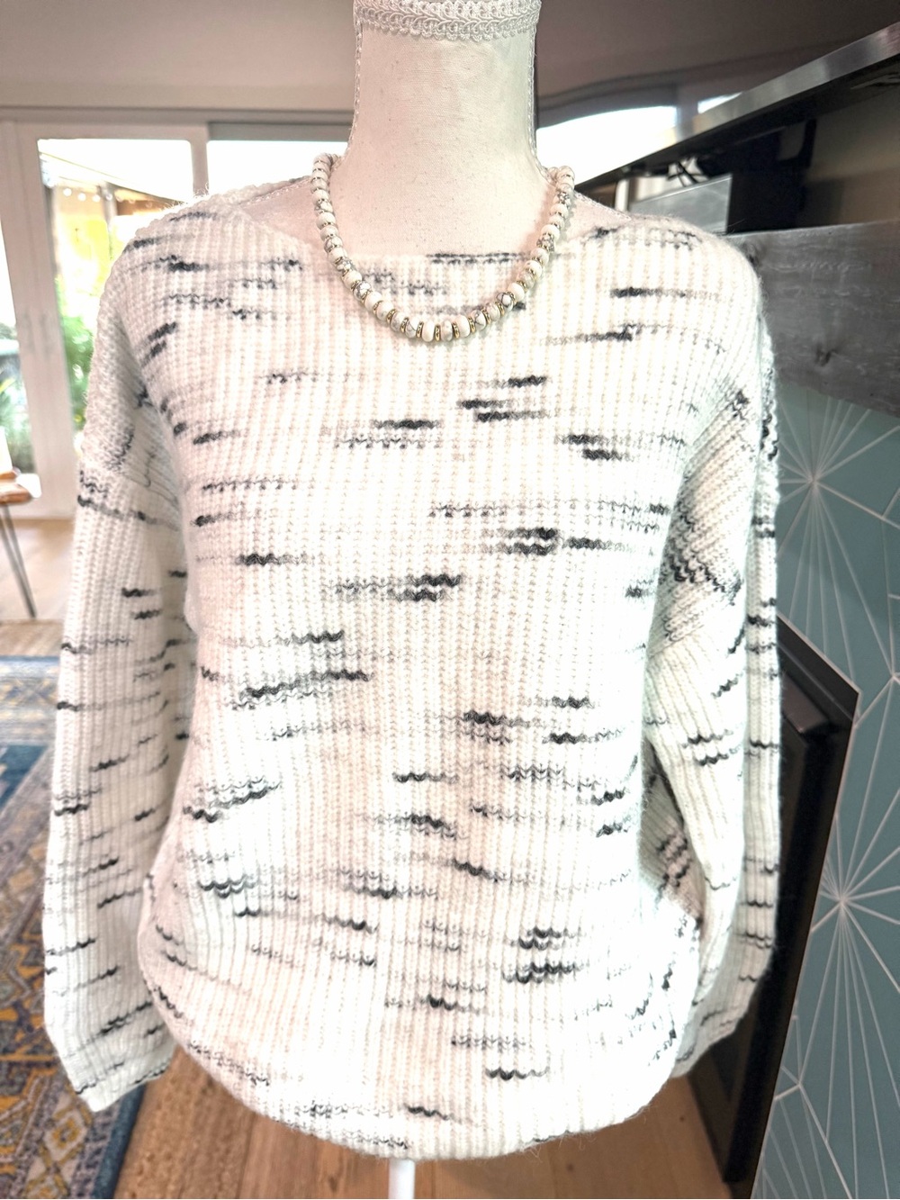 LOFT White Marled Crewneck Sweater with Black Flecking Size Small